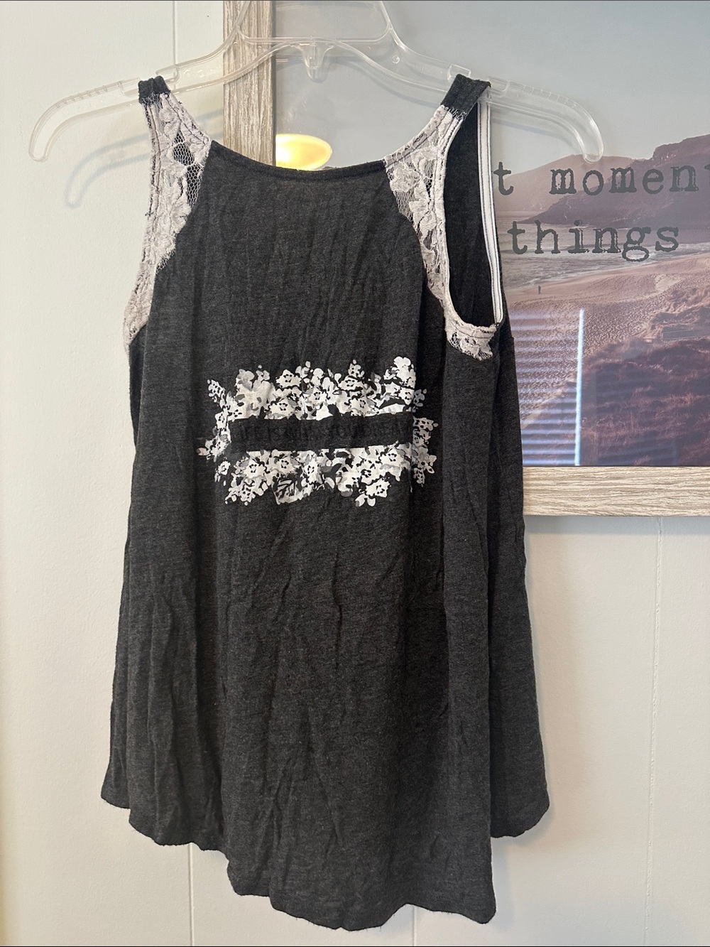 Size XSmall Vanity Charcoal Gray Tank Top with White Floral Graphic &  Lace Trim